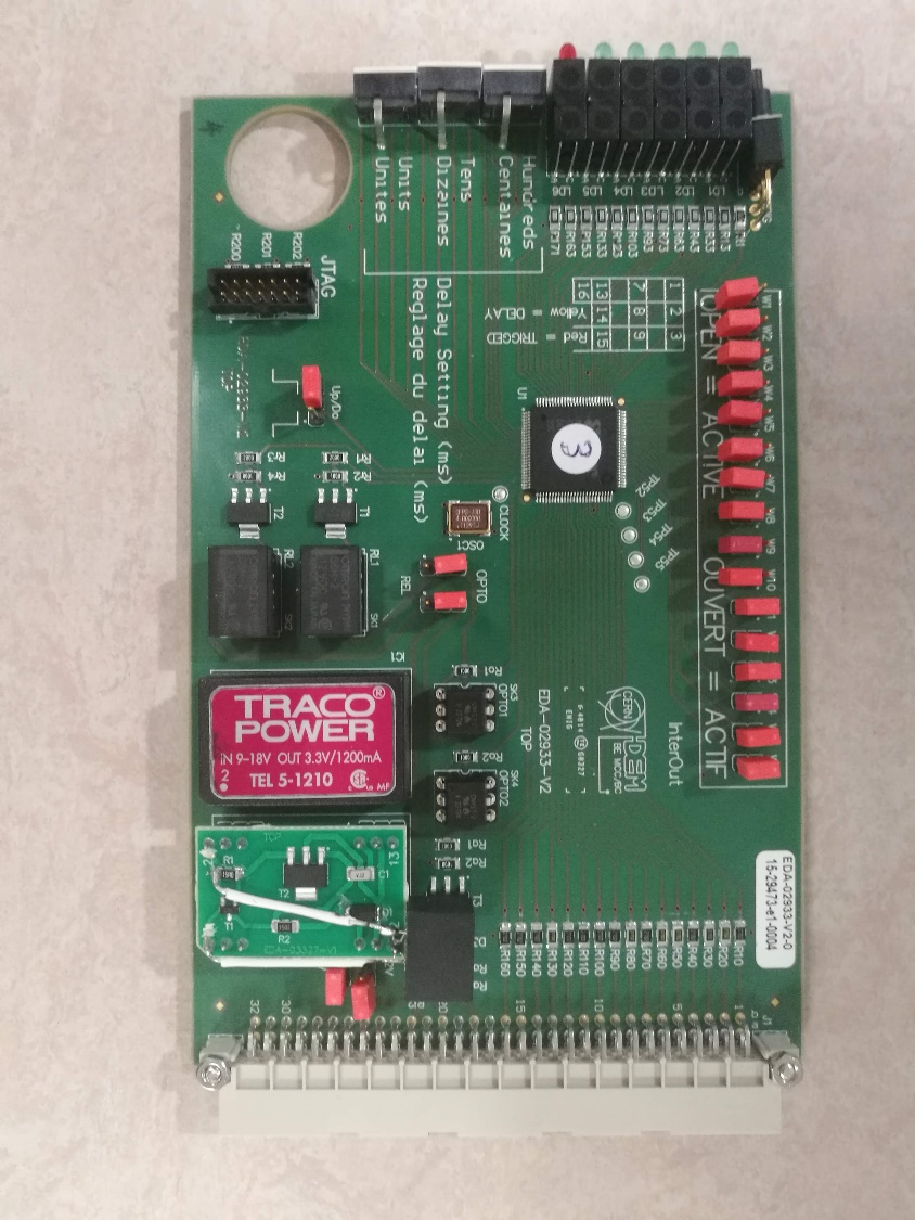 Figure 5 (original): New InterOUT card with the auxiliary current source installed in the isolated supply slot. This is the configuration seen in FREIA on the cards going to the EE.