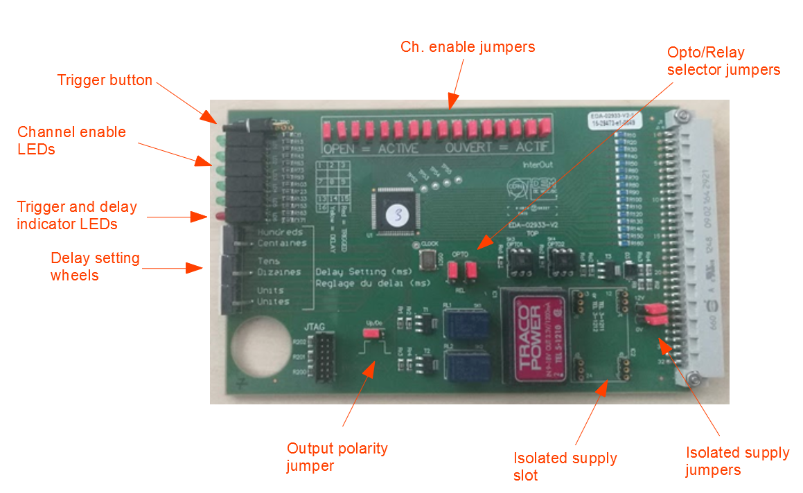 Figure 3 (original): New InterOUT card with the position of the channel enable jumpers, trigger button, LEDs, delay setting wheels, output polarity jumper, opto/relay selector jumpers, isolated supply slot and isolated supply jumpers.